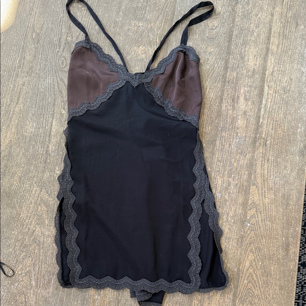 Elegant Black and Brown Lace Trim Chemise slip dress